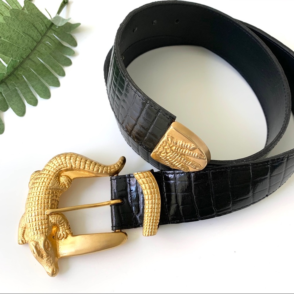 Vintage Black Leather Crocodile Alligator Belt